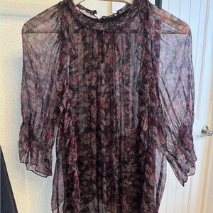 IRO Red and Gray Sheer Ruffled Blouse with Mandarin Collar